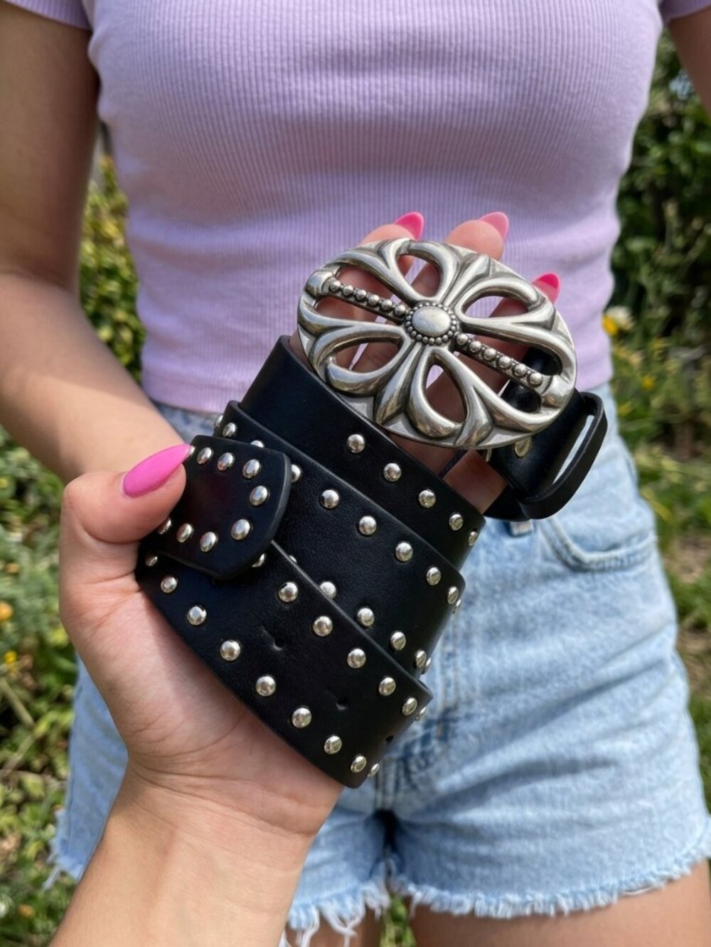 Black Studded Faux Leather Belt with Ornate Silver-Tone Cross Buckle